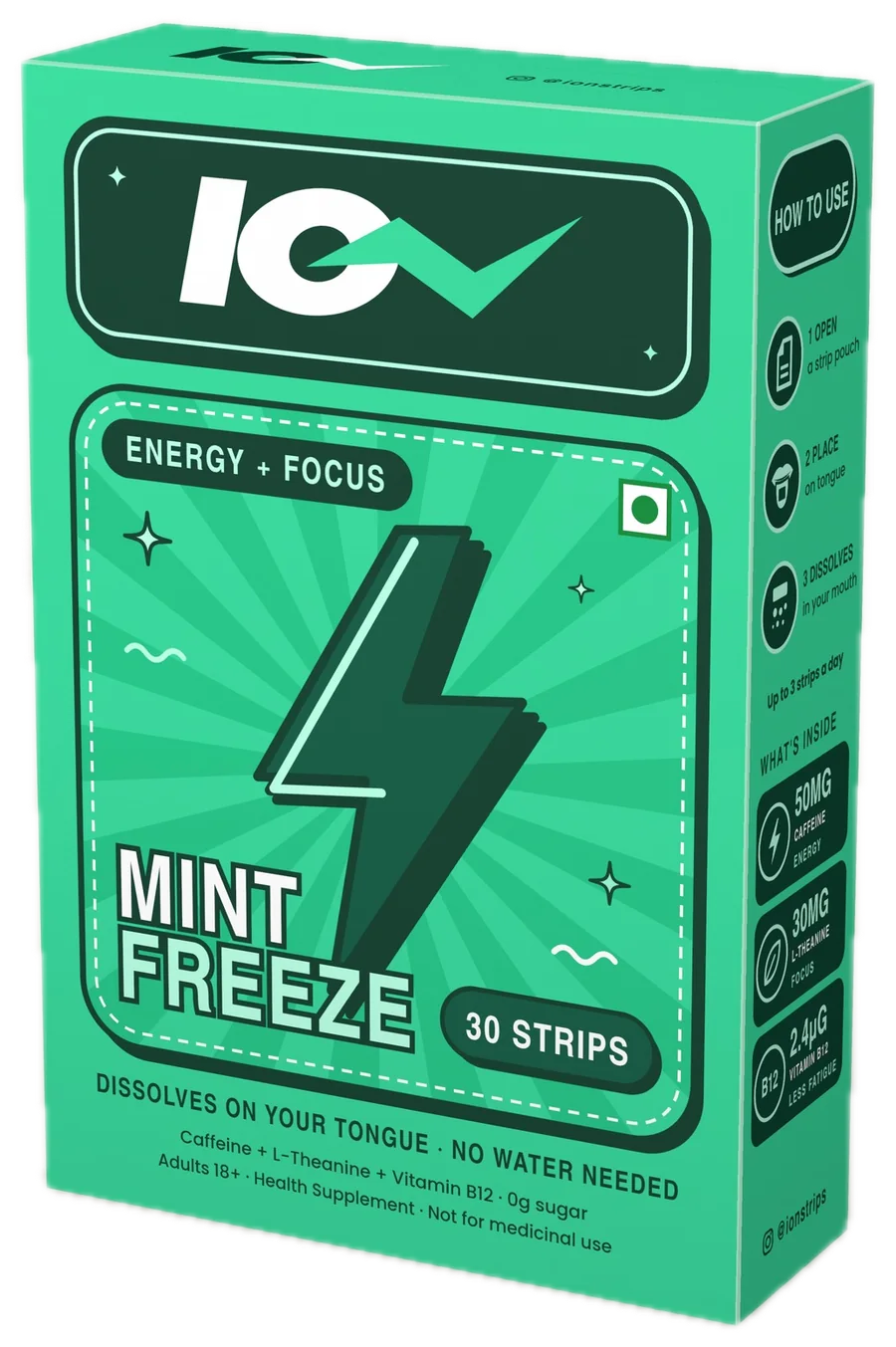 ION Mint Freeze caffeine oral strips, box of 30